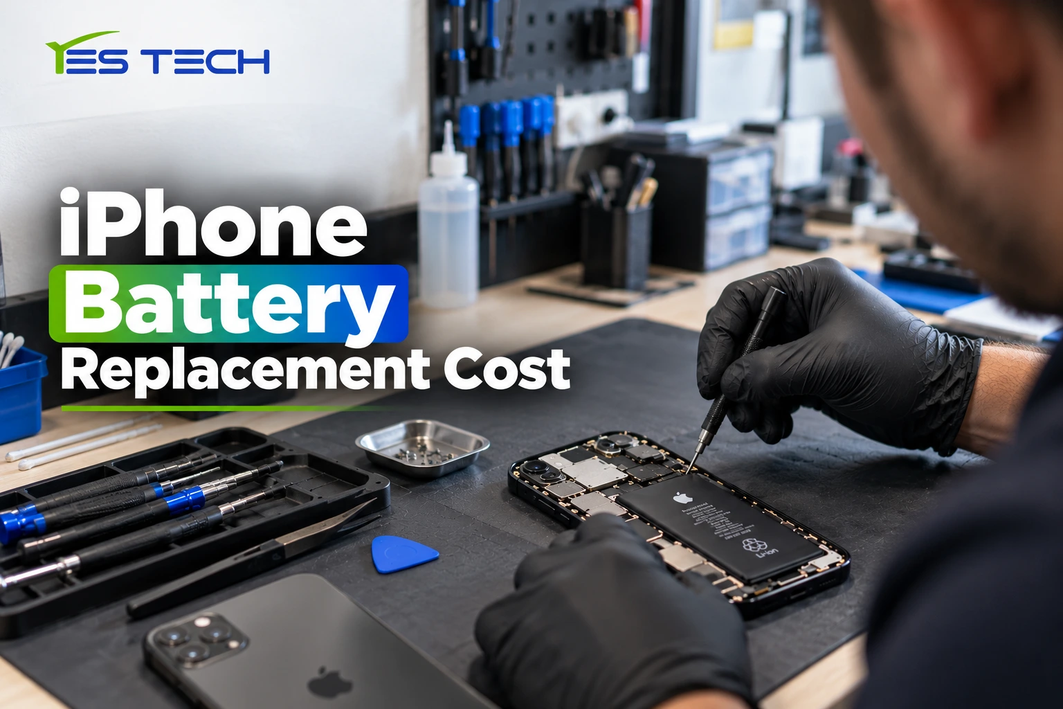 Technician replacing an iPhone battery at a professional phone repair workstation